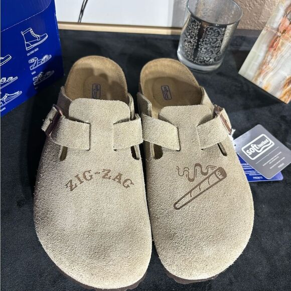 Birkenstock women’s Boston clogs 7 narrow new taupe custom zig zag rare - Picture 1 of 4